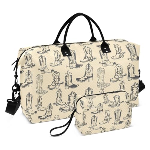 VIGTRO Travel Duffel Bag Weekender Overnight Bag with Toiletry Bag Cowboy Boots Printed, Carry On Luggage Bag Western for Hospital Gym Travel Business, 2 Pcs Set