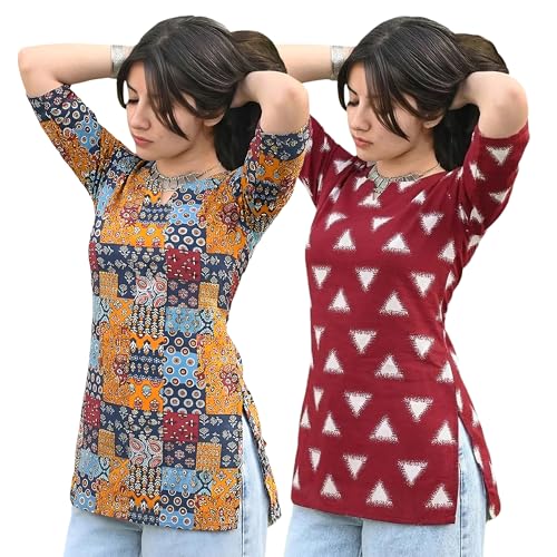 Image of Pinkmint Women's Cotton Blend Printed Short Kurti, Hip-Length Ethnic Tunic for Women, 3 /4 Sleeve Notch Neck, Casual, Office (Available in Plus Sizes & Combo Pack 2)