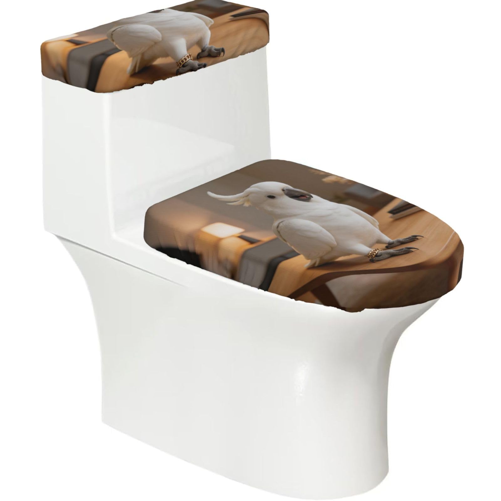 Parrot Print Elastic Toilet Cover Set of 2-Stretchy Lid and Tank Covers for Bathroom, Soft Washable U Shape Toilet Decor