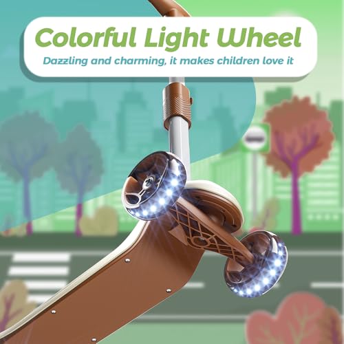 Image of YING LU 3 Wheel Scooter for Kids Ages 3-8, Kids Kick Scooter with LED Light-Up Wheels & Adjustable Handlebar, Toddler Scooter with Rear Brake (Brown /Red)