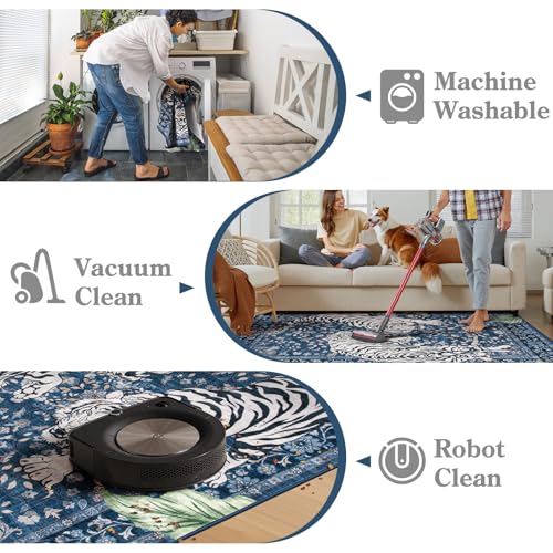 Moynesa Tiger Washable Area Rugs for Living Room, 5x7 Vintage Soft Rug for Bedroom, Non Slip Boho Botanical Ultra Thin Large Stain Resistant Throw Rug for Dining Guest Room, Blue