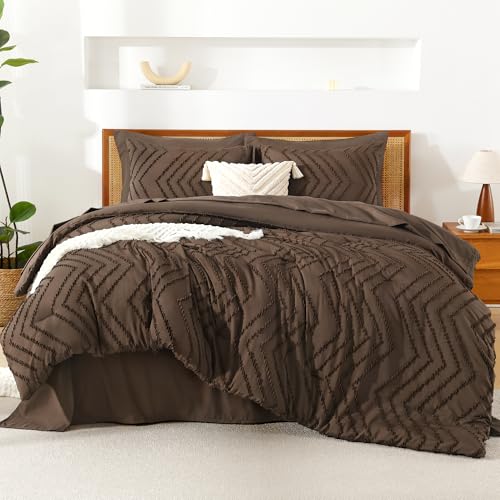 Image of Litanika Full Size Comforter Set with Sheets Brown - 7 Pieces Bed in a Bag Full Chevron Tufted Complete Bedding Sets with Comforter, Sheets, Pillowcases & Shams