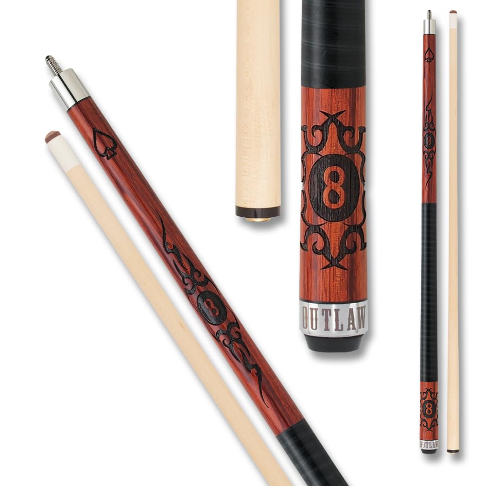 OUTLAW OL20 Cherry Pool Cue - Cherry Stained Maple with Barbs and 8 Ball Design - 21oz