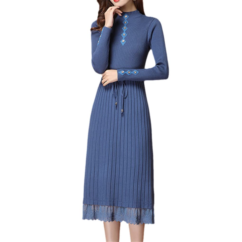Suvoiier Otoño Invierno Vintage Encaje Vestido Mujeres Bodycon Fiesta Negro Vestido Maxi Vestido, azul, XXL