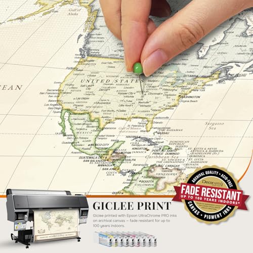 Image of DECORARTS - Personalized World Travel Map with Pins, Custom Name, Pin Board Canvas Wall Art, Colorful Classic World Decor, Optional Wood Frame, Giclee Print, Handcrafted in USA, 20x16''