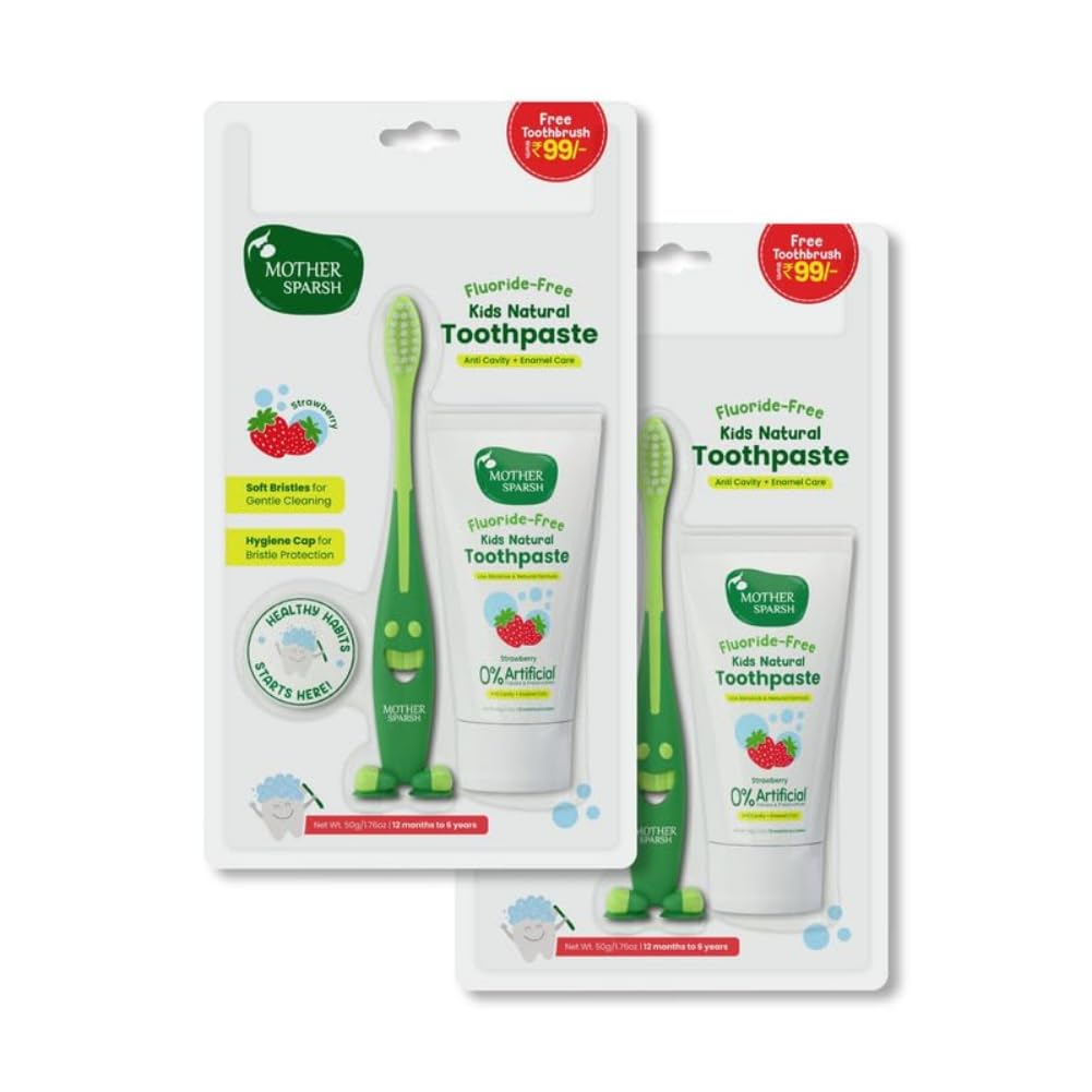 Mother Sparsh Natural Toothpaste for Kids-50g (With Free Toothbrush), Strawberry (Pack of 2) | Strengthens Gums, Whitens Teeth | Anti Cavity Baby Toothpaste Free from Preservatives & Fluoride