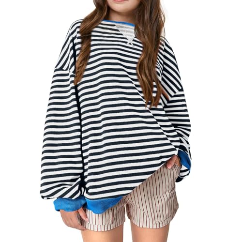 Oversized Striped Sweatshirts For Girls Fashion Cute Long Sleeve Crewneck Pullovers Loose Casual Sweaters 5-13 Years2