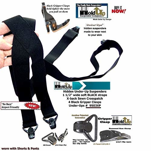 Hold-Up Suspender Co. Traditional X Back Style 1 1/2" Under-Ups Black With The No-Buzz Composite Gripper Clasps #TOP2