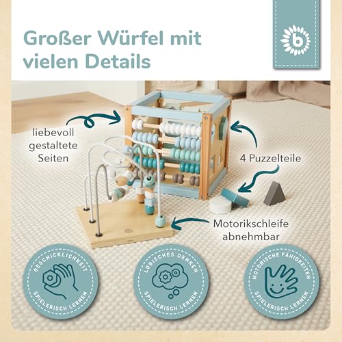 Bieco Motorikwürfel Scandi-Chic nachhaltiges Holz FSC® | Motorikspielzeug ab 1 Jahr | Activity Center Baby Spielzeug 1 Jahr | Motorikwürfel Holz | holzspielzeug ab 1 Jahr motorikschleife ab