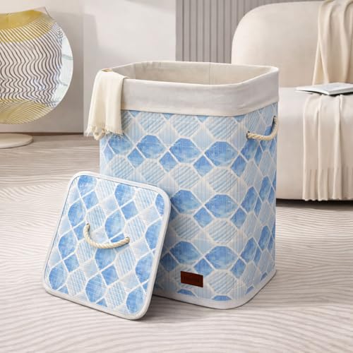 Image of Amazon Brand - Umi Rectangle Bamboo Laundry Basket for Clothes with Lid Geometric Printed Hamper | Eco-Friendly, Foldable & Lightweight Organizer (Blue, 40x30x50 cm, Pack of 1)