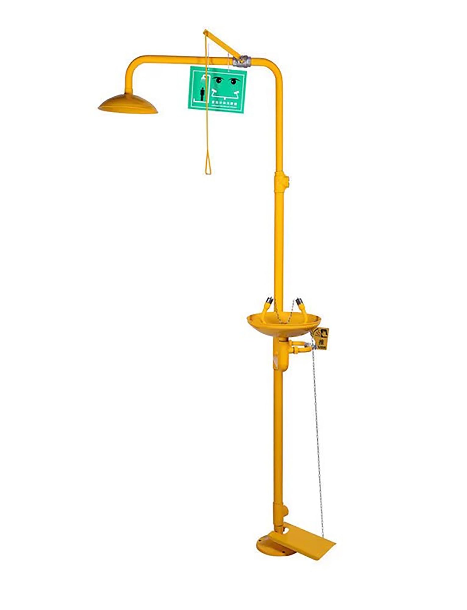 Notdusche mit Augenspülung, kombinierte Sicherheitsdusche mit dreieckiger Zugstange, Augenspülprogramm, für Industrie und Labor (orange, Pedalmodell)