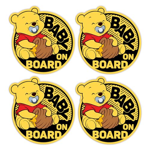 Image of Baby On Board Signs for Car - Paint-Safe, Removable, Non-Magnetic Pooh Safety Stickers for Cars & Windows, Signaling Child Presence in Vehicle (4 Vinyl Decals)