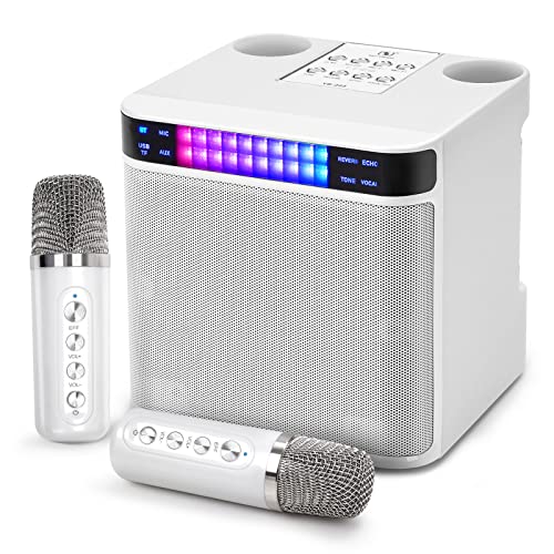 JIEFOCH 2023 Bluetooth Karaoke Machine with 2 Wireless Karaoke Microphone YS223,Portable Singing PA Speaker System,Supports TF, AUX-in (White)