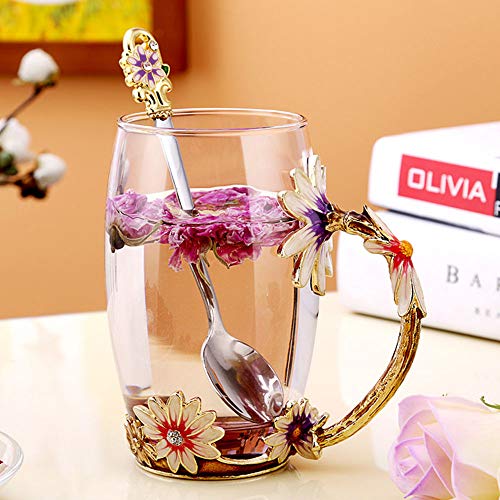 Dasyfly Daisy Flower Tea Cup,Handmade Glass Enamel Coffee Mugs With Delicate Spoon And Gift Box, Perfect Ideas For Women, Wife, Mum, Girl, Teacher #TOP2