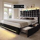 YITAHOME Full Size Bed Frame with 4 Drawers and RGB LED Lights, Velvet Upholstered Platform Bed with Charging Station and Storage Headboard, No Box Spring Needed, Easy Assembly, Noise-Free, Black