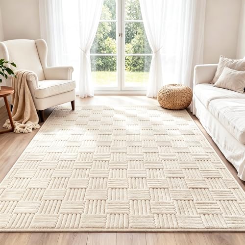 VSIWB Alfombra Salón, Alfombra Suave, Fácil de Cuidar y Lavable a Máquina para Dormitorio, Alfombra Antideslizante de Pelo Corto, Alfombra Beige para Salón (Beige, 160 x 230 cm)