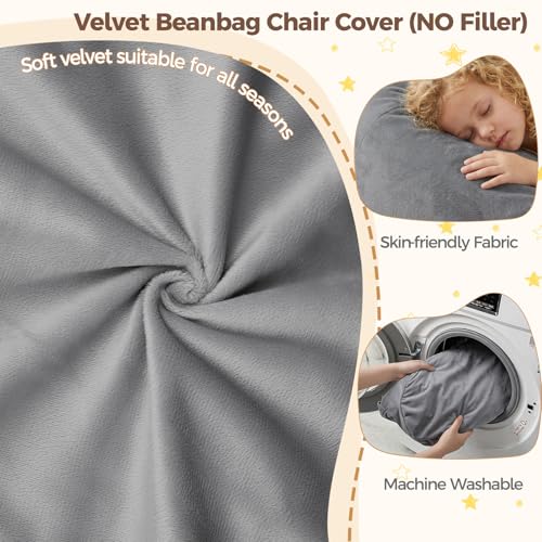 Image of Stuffed Animal Storage Bean Bag Chair Cover for Kids (No Filler), Soft Comfy Velvet Beanbag Chair Cover Machine Washable, Kids Bean Bag Chair with Handle for Living Room Bedroom Dorm,Dark Gray