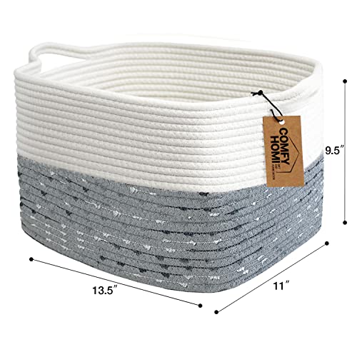 COMFY HOMI Woven Cotton Rope Basket with Handle Soft Medium Basket Baby Storage, Decorative Basket for Bathroom, Toy, Book, Towel, Cube Bin, Blanket 13.5'' x 11'' x 9.5'' White/Pompom Grey - Thumbnail 5