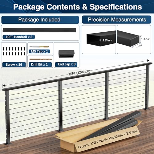 Image of 2 Pack 10FT Black Rectangular Stainless Steel T304 Handrail for Cable Railing System, Flat Top Cable Railing Handrail with Extra End Caps for Indoor Outdoor Length Adjustable DIY Balustrade