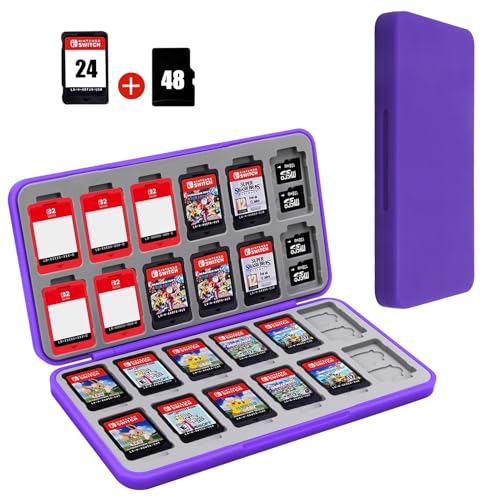 Image of FYY Nintendo Switch Game Case Holder for Switch 2 Cartridge Case with 24 Game Card Slots & 48 Micro SD Card Slots, Hard Shell, Silicone Lining Purple