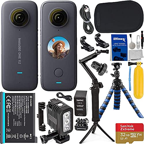 Insta360 ONE X2 with Advanced Action Bundle: Bundle Includes â€“ SanDisk 32GB Extreme MicroSD Card, 3-Way Selfie Stick/Tripod, Floating Hand Grip, Waterproof LED Light, Insta360 Carrying Case & More
