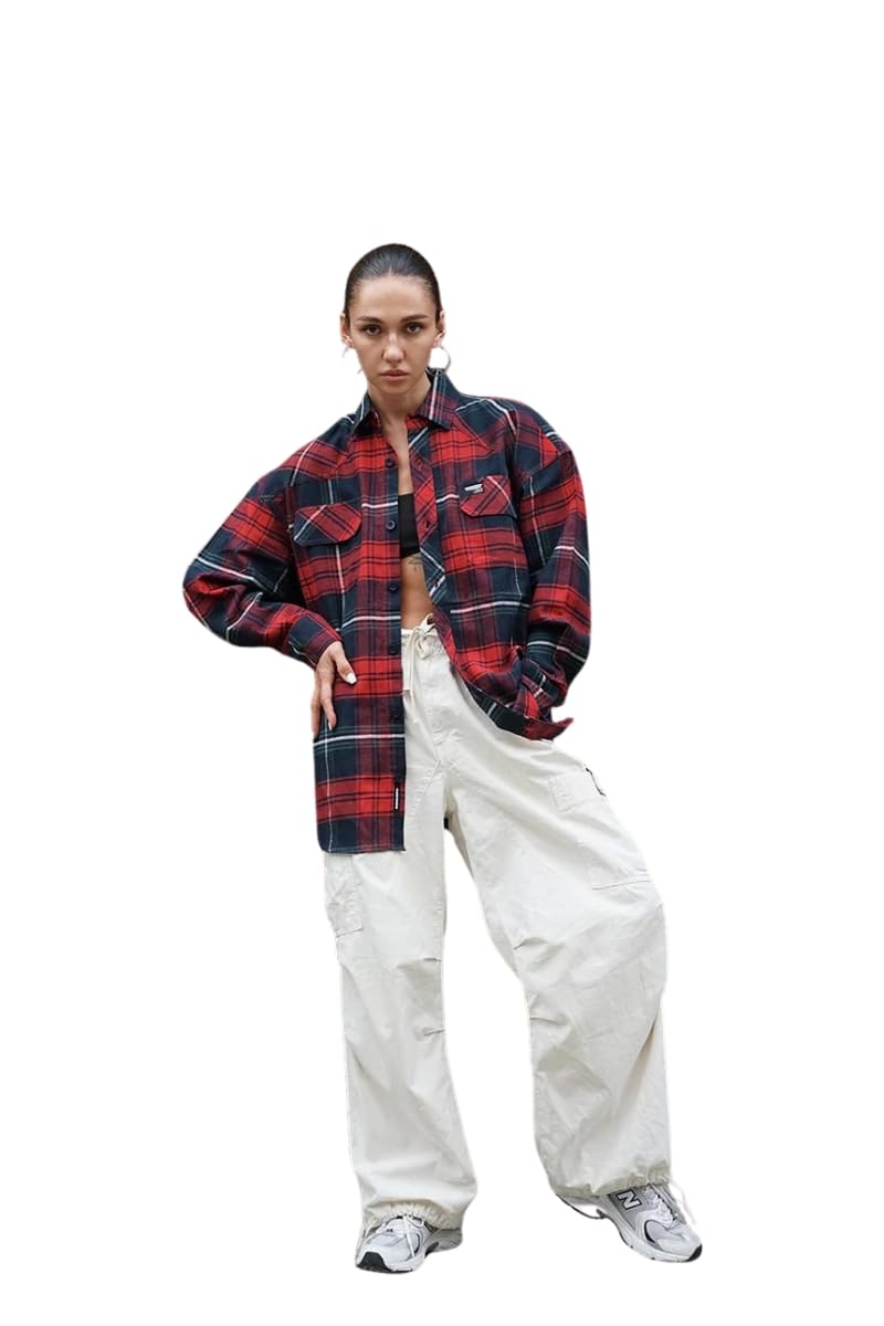 Bonkers Corner Red-Blue Checkered Oversized Shirt in blue