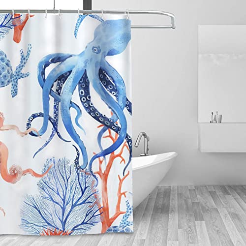 Jamie World Ocean Octopus Shower Curtain Nautical Kraken Bathroom Shower Curtains Blue Red Coral Starfish Shower Curtain Waterproof Polyester Fabric Decor With Plastic Hooks 60 X72 Inches #TOP4