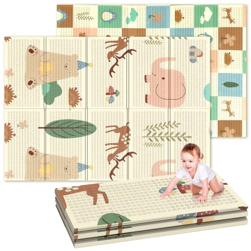 Soontrans Krabbelmatte Baby, Spielmatte Baby Faltbar, 180x120x1cm, Play Mat for Babies Doppelseitige, Schaumstoffmatt, Wasserdicht, Tragbar, Bodenmatte Kinder mit Aufbewahrungstasche (Wald/Tier)