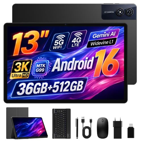 Tablet 13 Pulgadas Android 16, Pantalla 3K 2944×1840, 4G LTE Dual SIM+5G WiFi, 36GB RAM 256GB ROM/1TB, Helio G99 Octa-Core, Widevine L1/Gemini AI/11580mAh/GPS/13MP, Tablets con Teclado/Raton/Funda/Pen