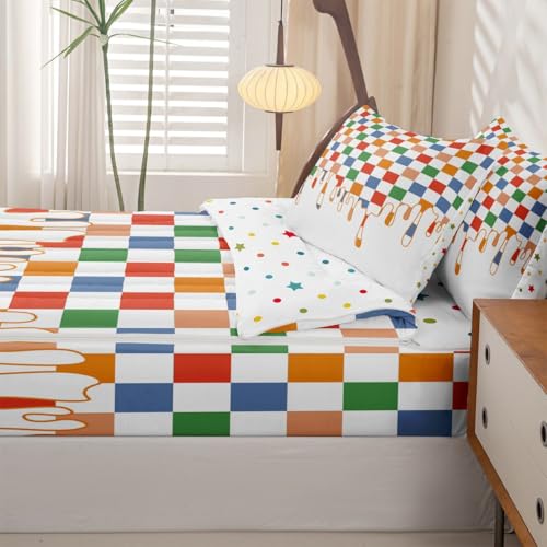 Image of Multi Checkered Complete Zip Up Bedding Set Full,4 Piece Checkerboard Drip Comforter Kit with Fitted Sheet & Pillowcases,Y2K Aesthetic Geometric All Season Bed in a Bag for Boys Girls Bedroom