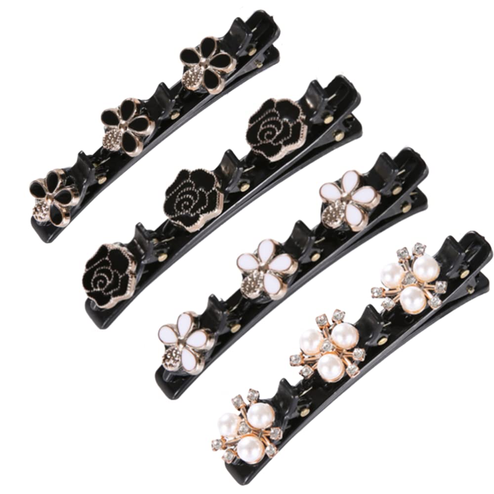 FZLANQ Sparkling Crystal Stone Braided Hair Clips, 4 Pcs Four-Leaf Duckbill Clip, Big Hair Clips with 3 Mini Hair Clips