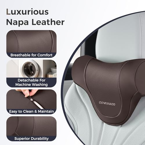 Image of Coverado Car Headrest Pillow, Ergonomic Memory Foam Car Neck Pillow for Driving Seat with Adjustable Strap, Soft PU Leather Breathable Removable Cover Neck Support for Neck Pain Relief