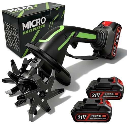 Motobineuse Electrique, 21V Motoculteur Électrique avec 2 Batteries 3000mAh Bineuse Électrique avec 4 Lames Métalliques Largeur de Travail de 10cm Profondeur de Travail de 10cm 235 TR/Min