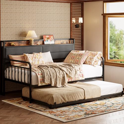 image for LIKIMIO Daybed with Trundle, Sturdy Metal Twin Bed Frame with Upholste
