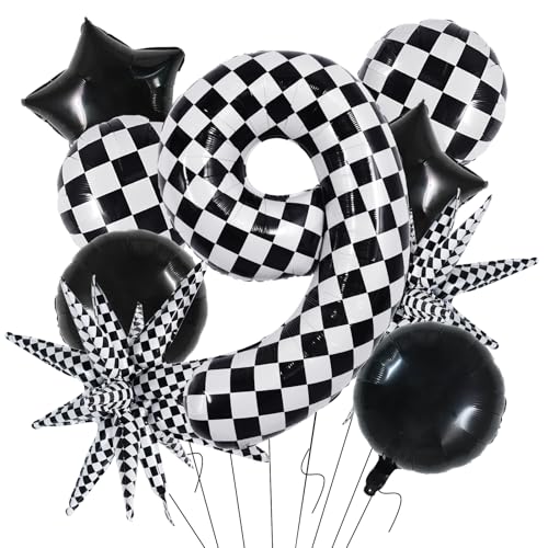 Image of TONIFUL 9th Birthday Balloons Kit 40 Inch Checkered Number 9 Foil Balloon