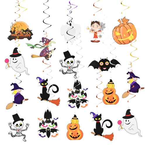 18 Decoraciones de Halloween Colgantes – Guirnaldas en Espiral con Dibujos de Arañas, Calabazas, Fantasmas y Brujas, Adornos Reutilizables para Fiestas, Hogar, Aulas y Exteriores, Fáciles de Colgar