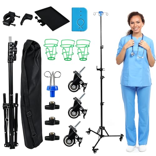 Verstellbarer Infusionsständer mit Rollen Tragbarer Mobiler IV-Ständer Höhenverstellbar 90-190cm mit 4 Haken und 3 Netzbeuteln Infusions-Dreibeinstativ für Krankenhau Häusliche Pflege und Klinik
