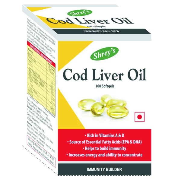 Image of Shrey's Cod Liver Oil | Vitamins A & D | Boost Immunity | Increase Energy Level | Supports Healthy Heart | Maintain Healthy Brain and Vision Health - 100 Capsules (Immunity Booster) (Pack of 1)