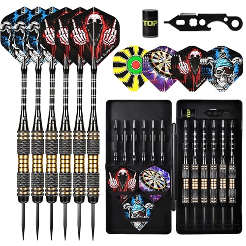Wolftop Professional 6 Pack Steel Tip Darts Set - 22 Grams Darts Metal Tip Set in Case - Brass Darts with 12 Aluminum Shafts, 12 Dart Flights, Dart Tool and Dart Sharpener for Beginners to Pros