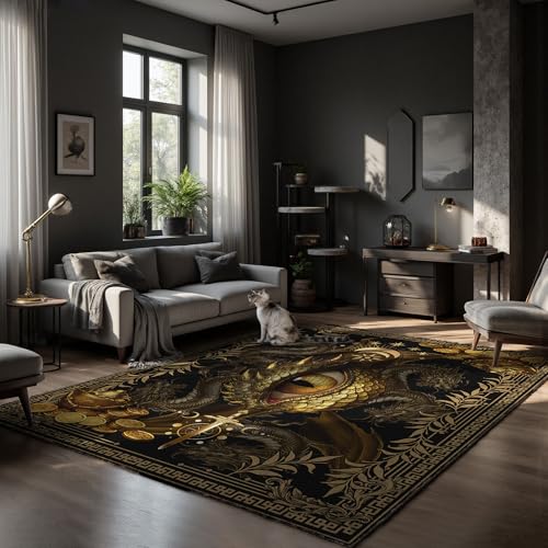 Dark Black Area Rug 8x10 -Dragon & Treasure Carpet with Fantasy Design, Luxurious Machine Washable Non-Slip Rug for Living Room, Bedroom.