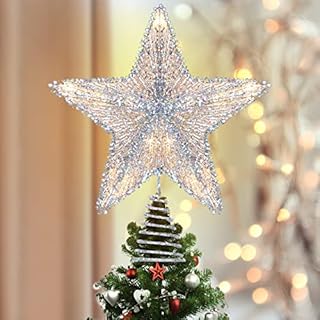Luxspire Christmas Star Tree Topper, Lighted Christmas Decorations Tree Topper Lights, Shiny Glitter Star LED Christmas Lights Tree Top, Christmas Ornaments Seasonal Decor Indoor, Silver