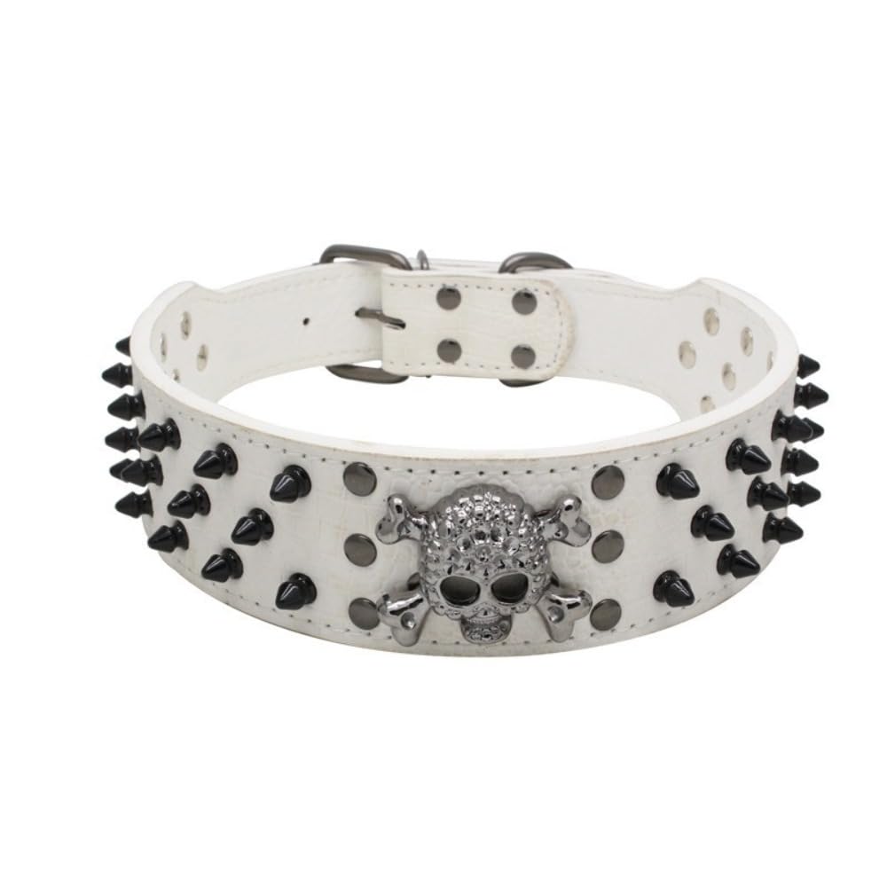 Skull Rivet Pet Collar,Sharp Spiked Studded Dog Collar,Stylish Leather Halloween Dog Collar for Medium & Large Dogs Pitbull,Labrador,Boxer (White, S(Neck15-18in))