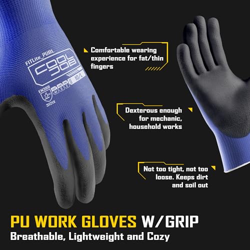 Image of COOLJOB 60 Pairs Safety Work Gloves Pack Bulk with Grip PU Coating, 13 Gauge Seamless Knit Gloves with Polyurethane Dipped for Warehouse Working, Breathable Lightweight for Men Women, Blue Medium