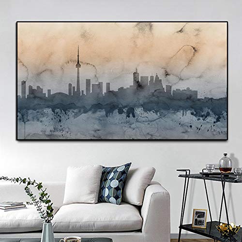 Toile paysage urbain aquarelle scandinave pour habiller un grand mur de séjour