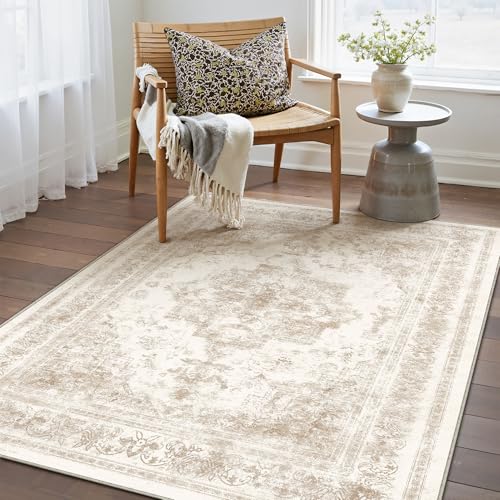 PureCozy Area Rug 3x5 Cream Washable Office Entryway Vintage Medallion Beige Carpet Non Slip Retro Indoor Mat Low Pile Soft Distressed Small Rug for Bedroom Kitchen Laundry Dining Room 3' x
