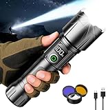 SKYFIRE LED Flashlights High Lumens with Digital Display&3 Color Lenses,Super Bright Rechargeable Flashlight with 5 Modes& Zoomable,Tactical Flash Light for Camping, Emergency& Gift(Silvery Gray)