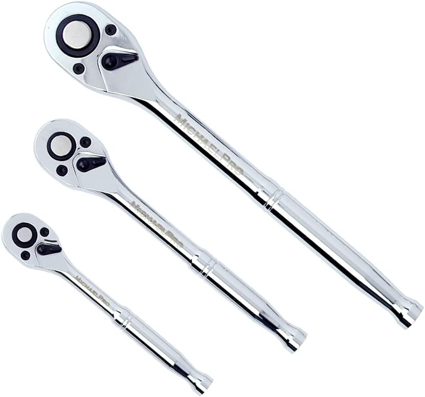MichaelPro 3-Piece Quick-Release Ratchet Set with Teardrop Head, 90 Tooth Ratchet with Full-Polished Chrome Solid Handle, 1/4, 3/8, 1/2-Inch – MP006009