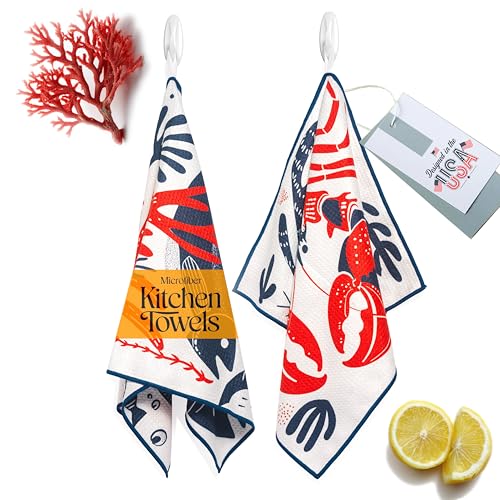 Luxurious GridFibe Kitchen Towels Decorative Style - (18" x 30", 2 Pack) Super Absorbent waffle Tea Towel - Quick Drying Large Dish Towel - Both Sides Printed - Lobster Decor - Savory Seafoo...