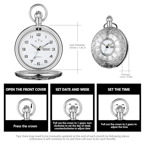 BOSHIYA Relógio de bolso vintage de quartzo com corrente em escala de algarismos arábicos, mostrador