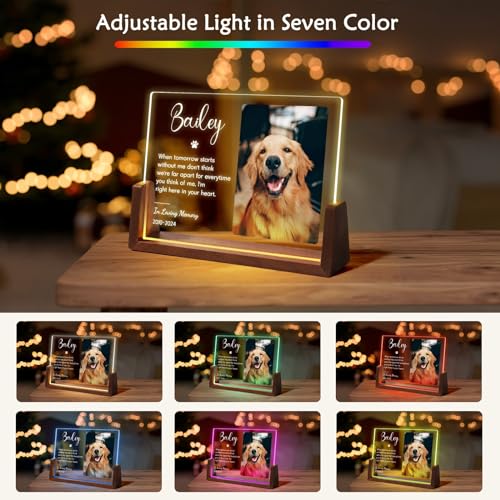 Jodimitty Personalisiert Haustier Gedenktafel aus Acryl, optionales LED-Licht und Holzsockel, mit Foto und Text, Gedenkgeschenke Bilderrahmen Andenken an verstorbenen Hund Katze (Stil C)